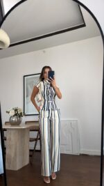 Striped Button Up Blouse and Pants Set