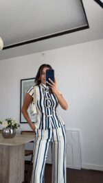 Striped Button Up Blouse and Pants Set - Image 4