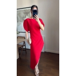 Red Asymmetrical Puff Sleeve Midi Dress - Image 3