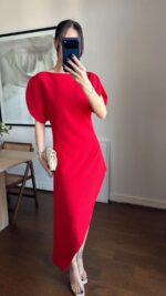 Red Asymmetrical Puff Sleeve Midi Dress - Image 3
