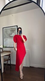 Red Asymmetrical Puff Sleeve Midi Dress