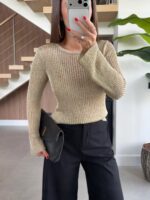 Gold Ribbed Knit Long Sleeve Top - Image 2