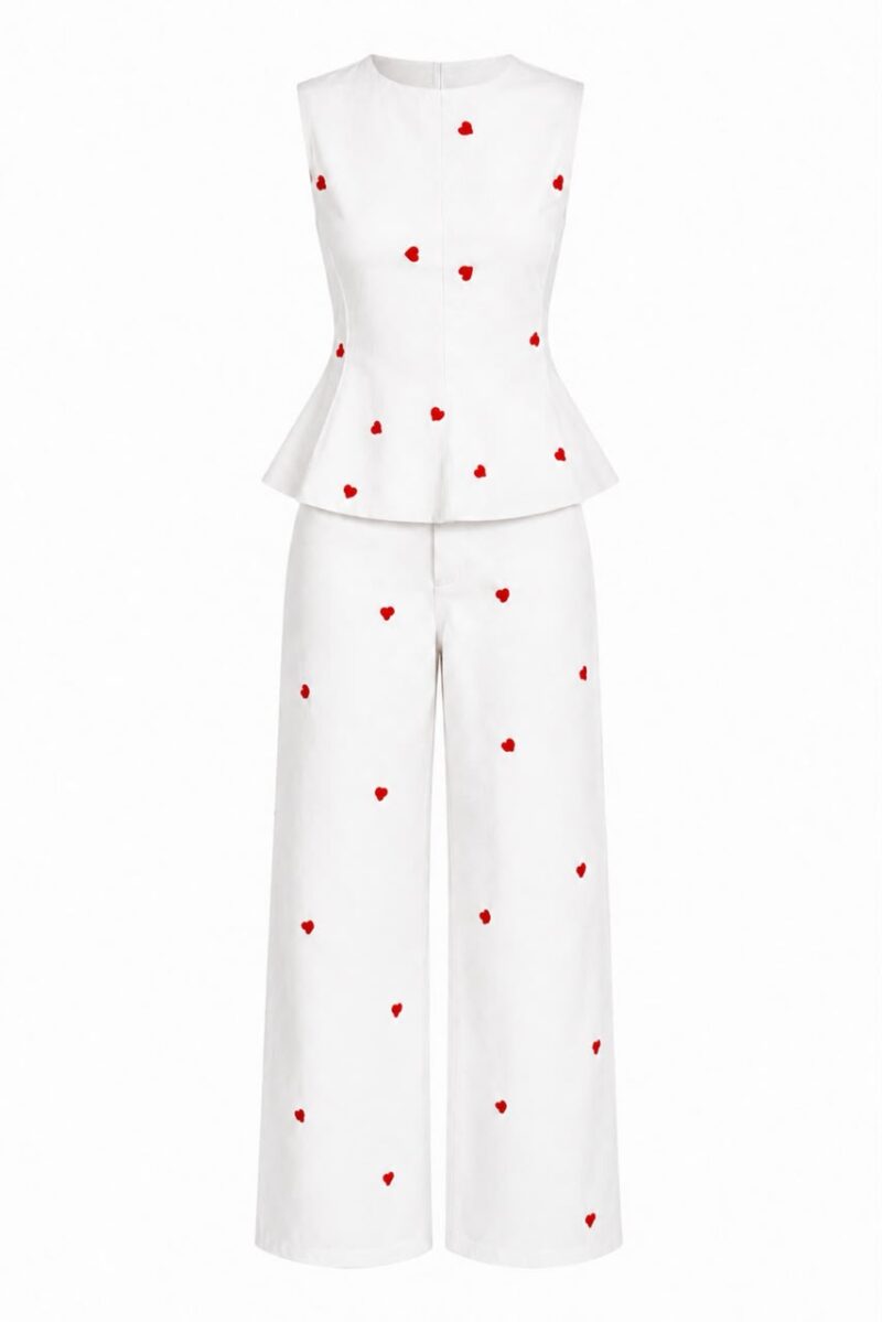 White Sleeveless Heart Print Pant Set