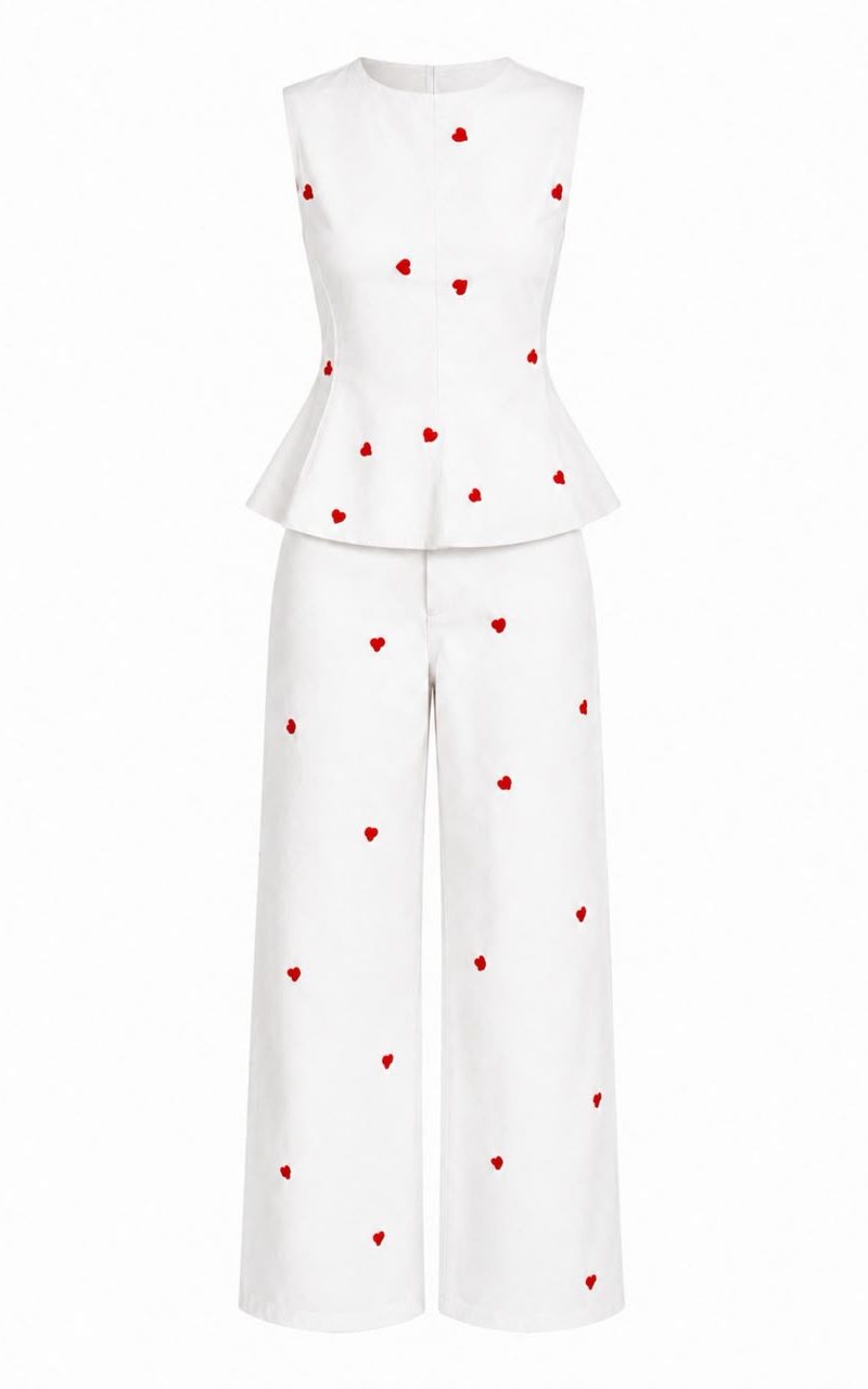 White Sleeveless Heart Print Pant Set