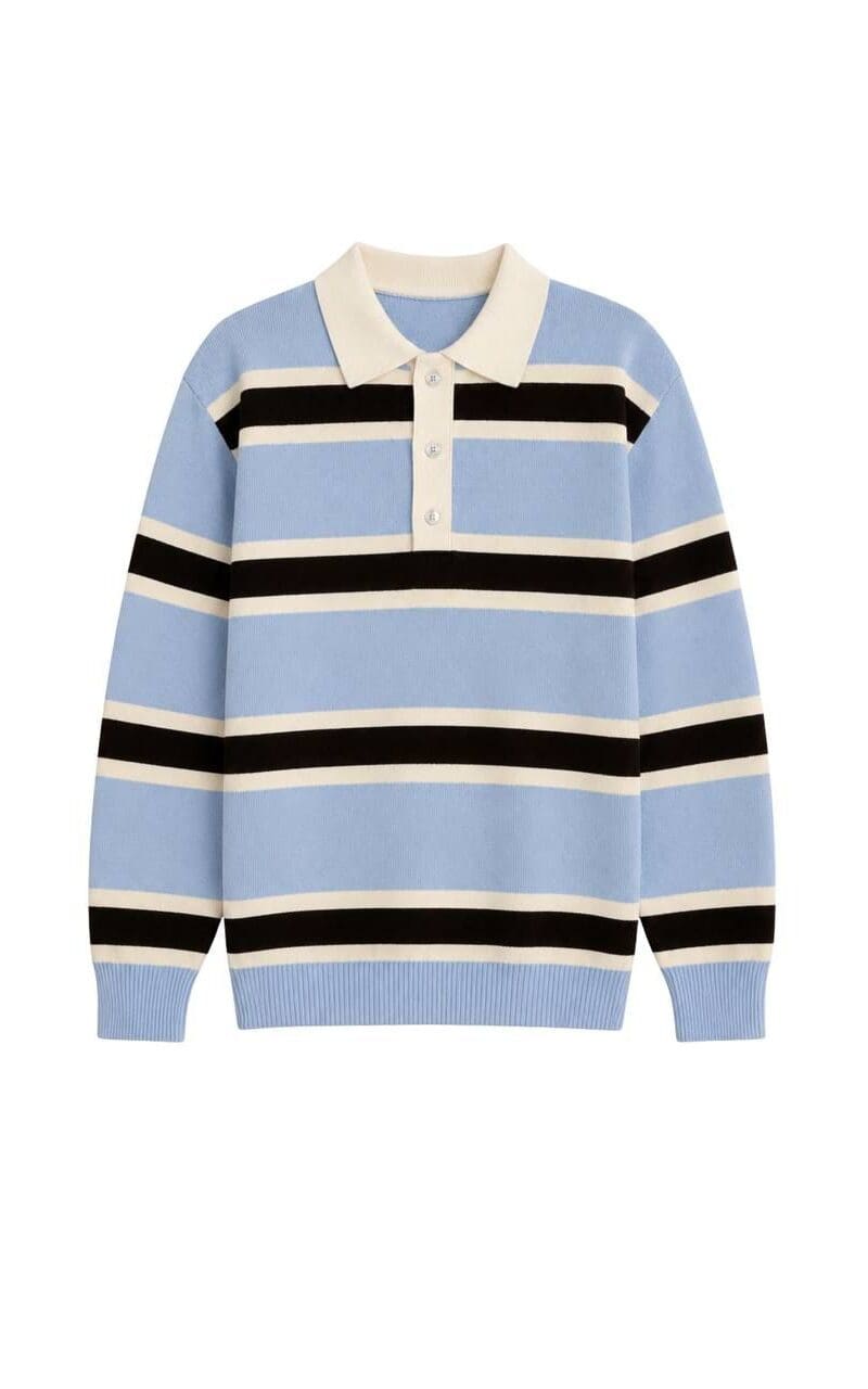 Blue Striped Knit Polo Sweater