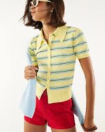 Yellow Striped Short Sleeve Polo Cardigan