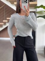Silver Ribbed Button Down Knit Top - Image 2