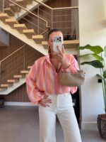 Pink Orange Striped Zip Up Blouse