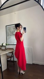 Red Asymmetrical Puff Sleeve Midi Dress - Image 4