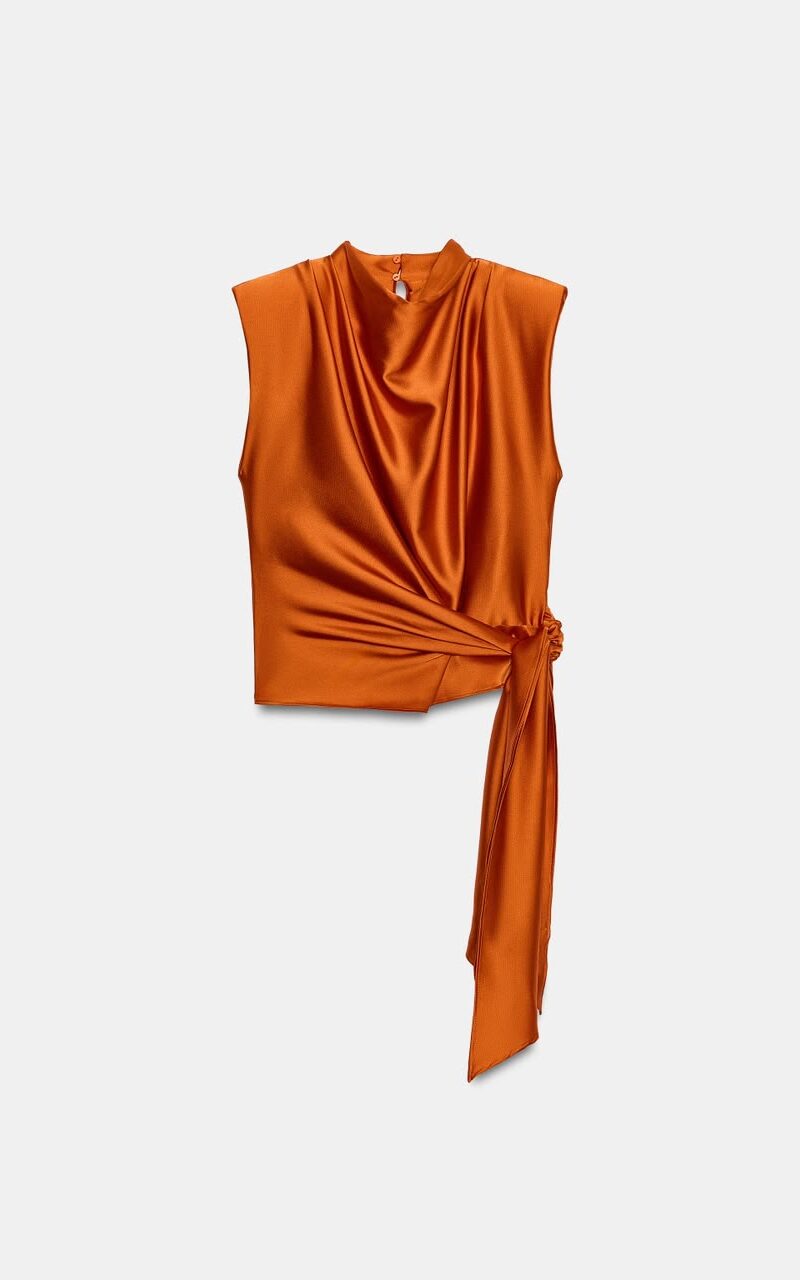 Satin Orange Sleeveless Draped Tie Top