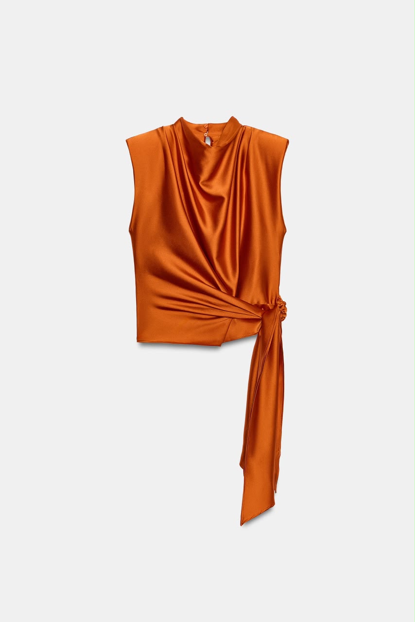 564d5064-6e64-43ba-9352-4f707ebd70ea Satin Orange Sleeveless Draped Tie Top - Image 1