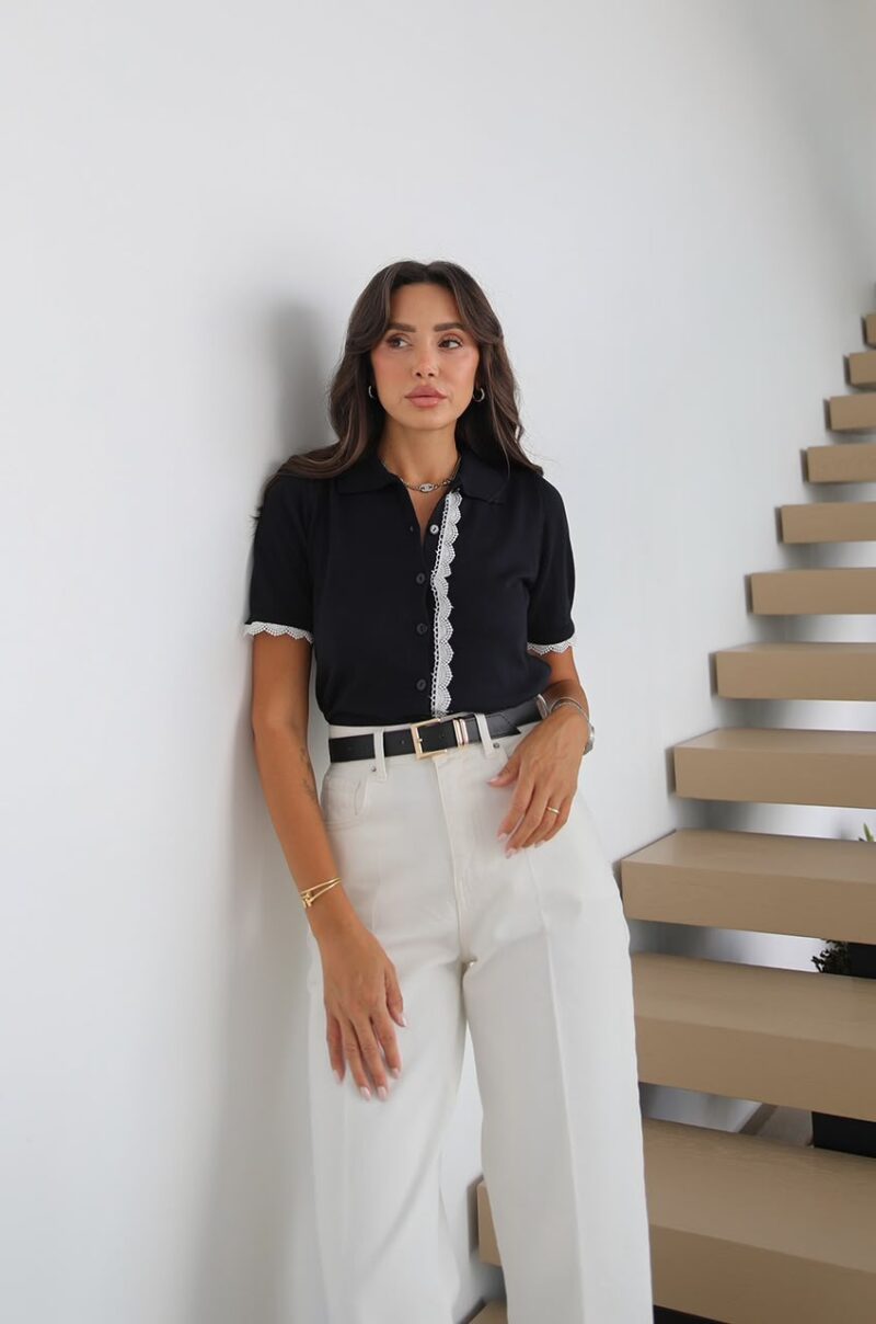 Black Short Sleeve Polo Top With Lace Trim