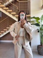 Beige Denim Jacket and Wide Leg Pants Set