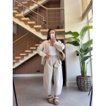 Beige Denim Jacket and Wide Leg Pants Set - Image 2