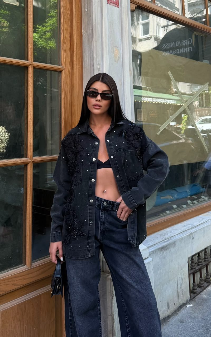 Black Embellished Denim Jeans