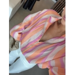 Pink Orange Striped Zip Up Blouse - Image 2