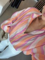Pink Orange Striped Zip Up Blouse - Image 2