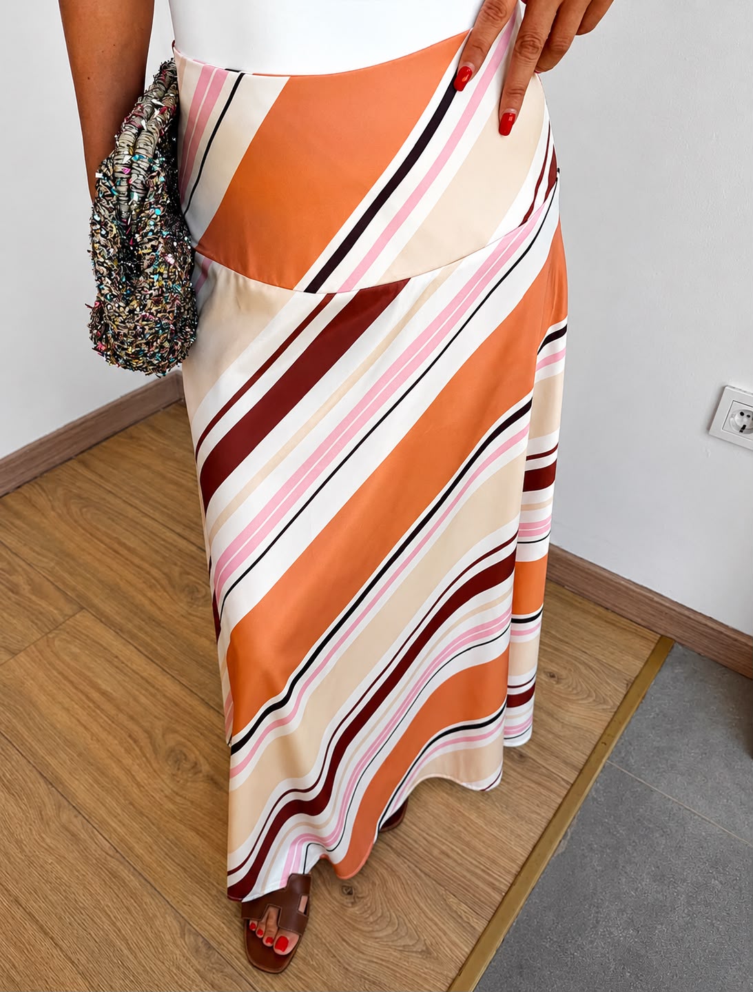 WhatsApp Image 2026-08-11 at 1.09.24 PM Orange Pink Striped Satin Maxi Skirt - Image 1