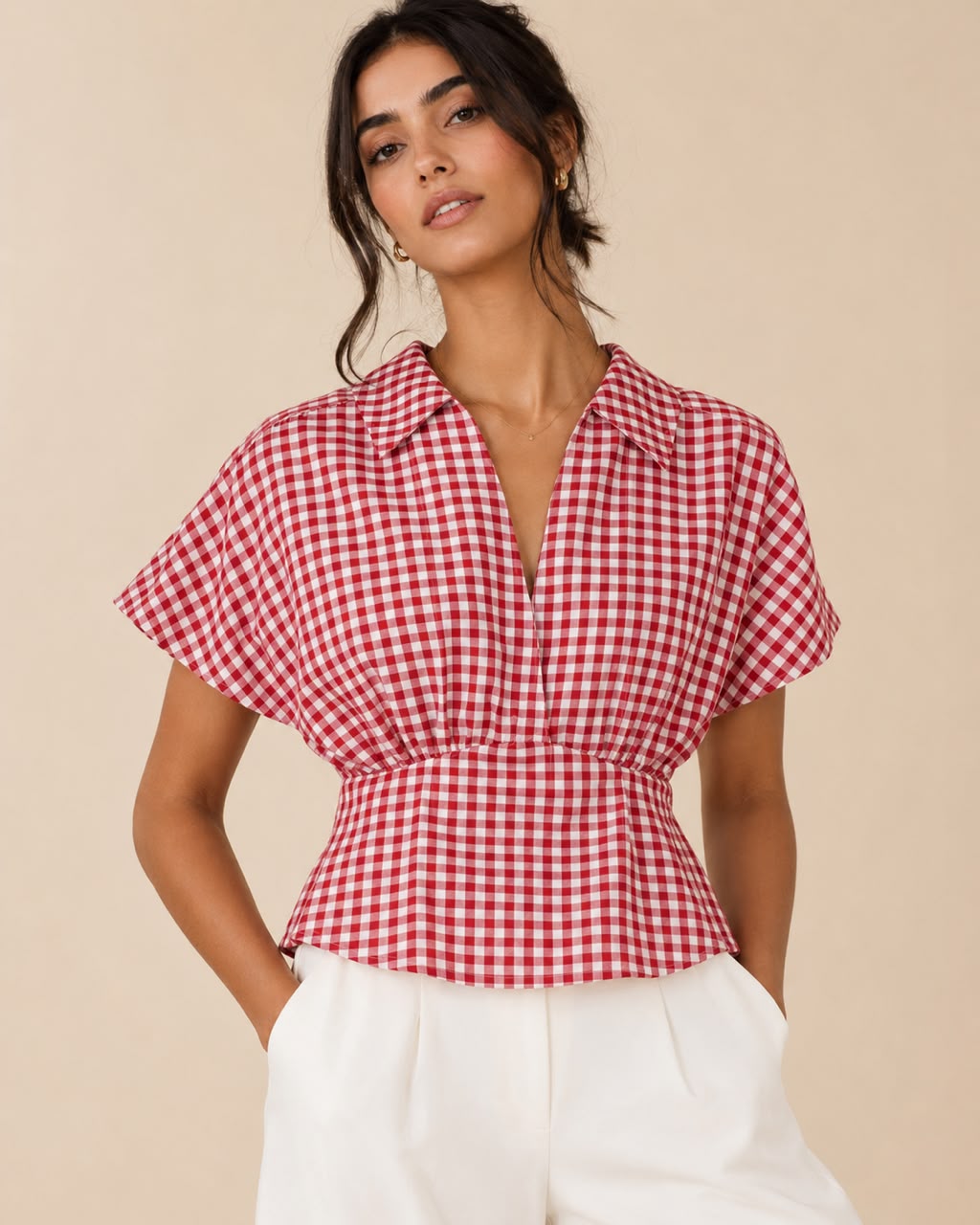 WhatsApp Image 2026-08-18 at 6.12.29 PM Red Gingham Short Sleeve Peplum Blouse - Image 1