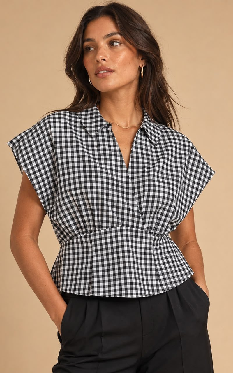 Black Gingham Short Sleeve Peplum Blouse