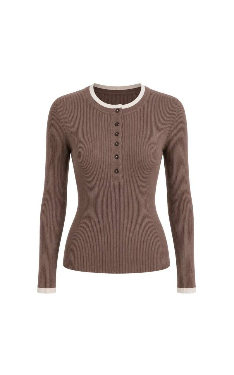 Brown Ribbed Contrast-Trim Top