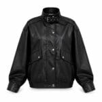 Black Leather Bomber Jacket - Image 2