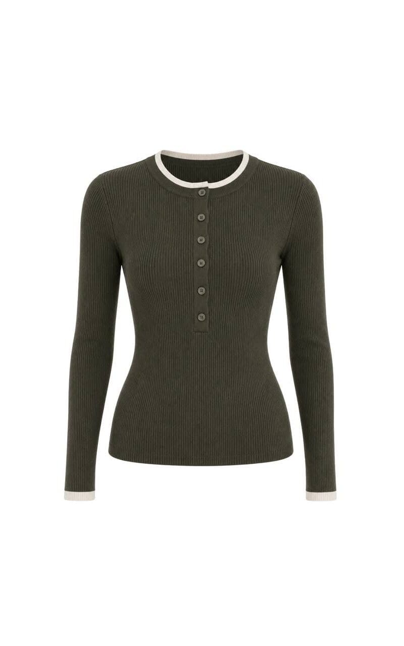 Dark Olive Ribbed Contrast-Trim Top