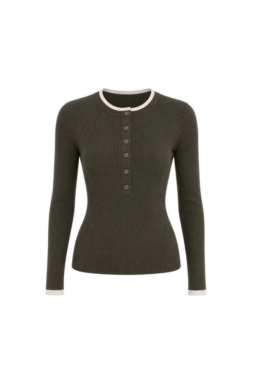 WhatsApp Image 2026-08-31 at 2.20.04 PM Dark Olive Ribbed Contrast-Trim Top - Image 1