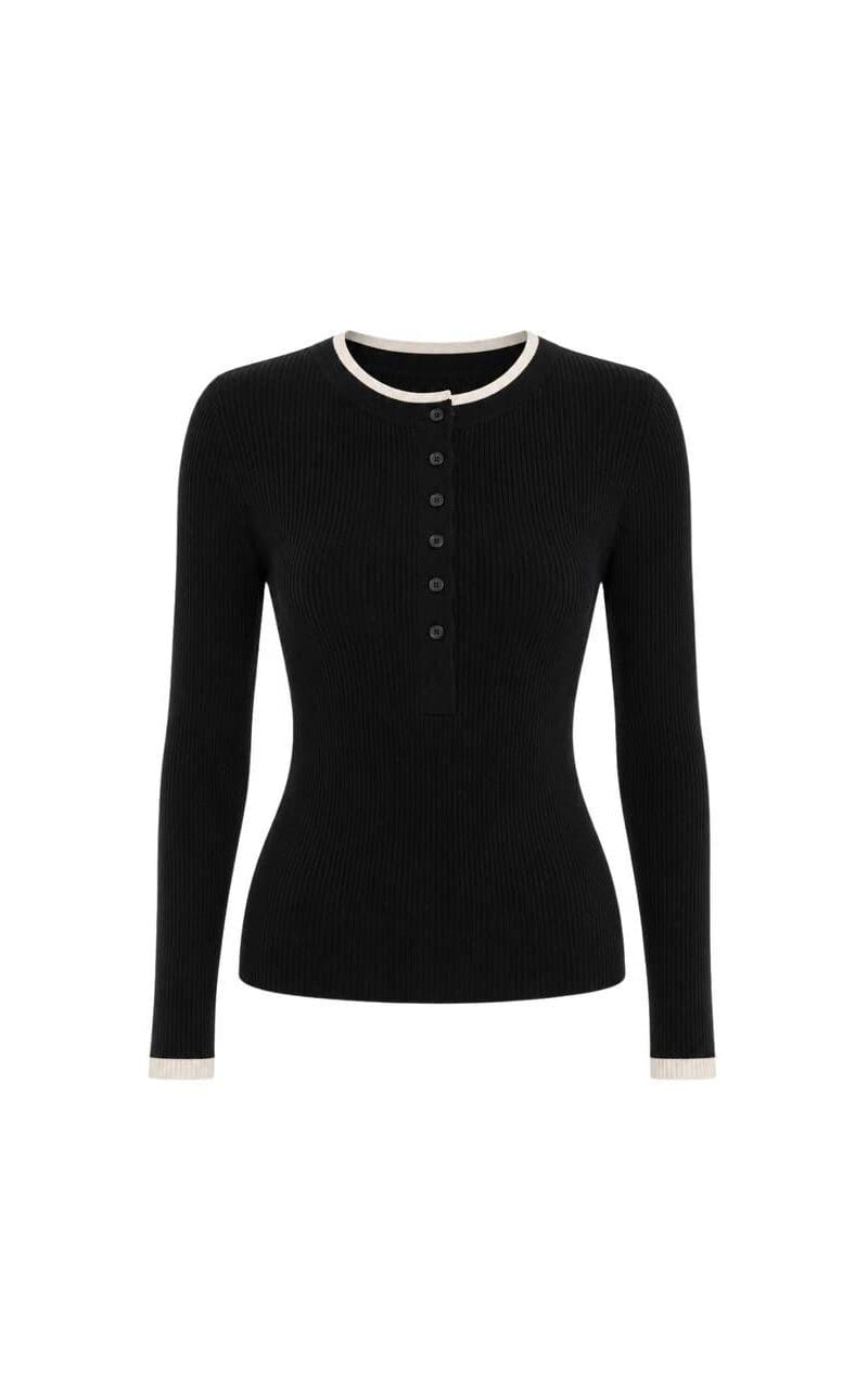 Black Ribbed Contrast-Trim Top