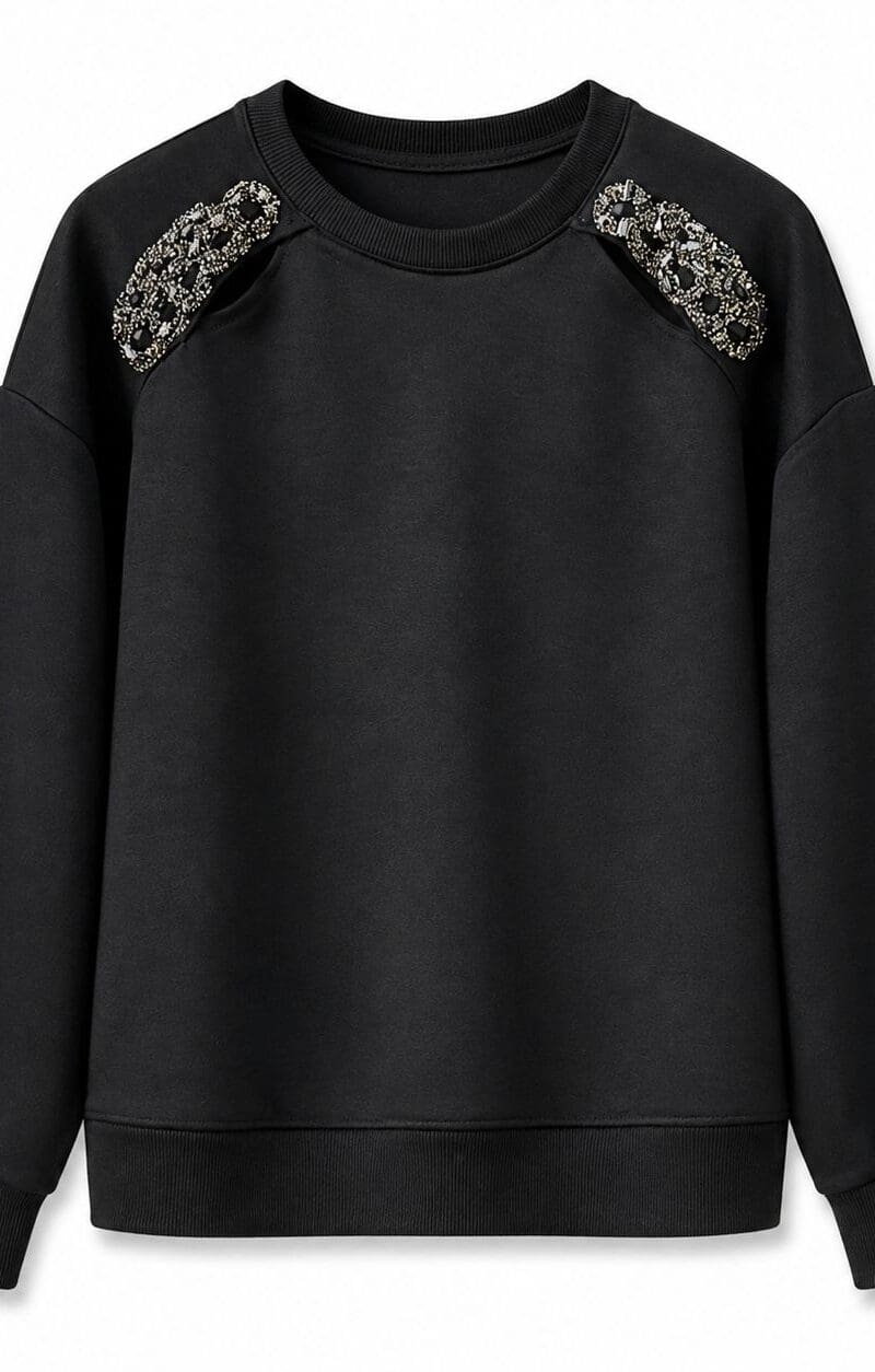 Black Embellished Shoulder Cutout Sweater