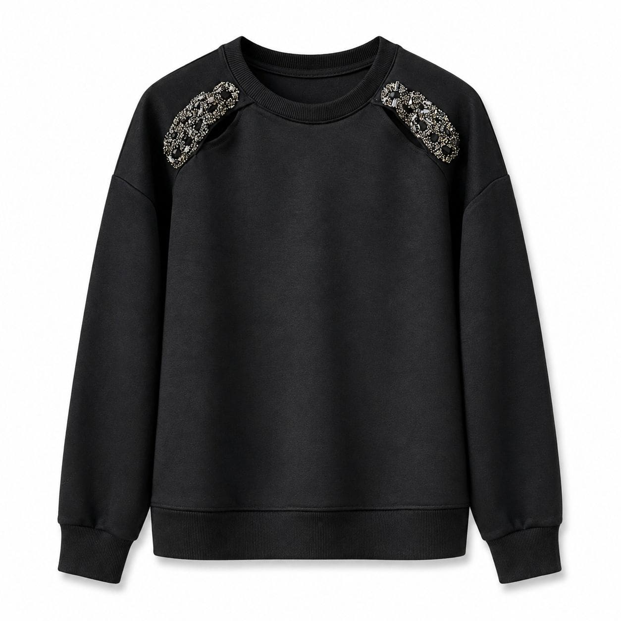 WhatsApp Image 2026-08-31 at 2.33.44 PM Black Embellished Shoulder Cutout Sweater - Image 1