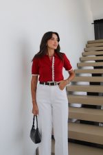 Red Short Sleeve Blouse With Lace Trim