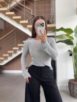 Silver Ribbed Button Down Knit Top