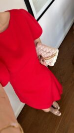 Red Asymmetrical Puff Sleeve Midi Dress - Image 2