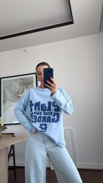 Light Blue Graphic Print Sweatshirt