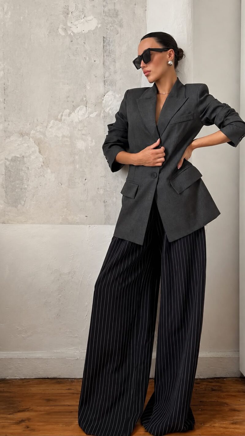 Black Pinstripe Wide Leg Pants