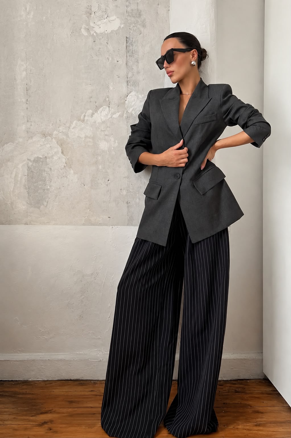 b89fd67e-fc30-41eb-adcd-bb8f4cd52de1 Black Pinstripe Wide Leg Pants - Image 1