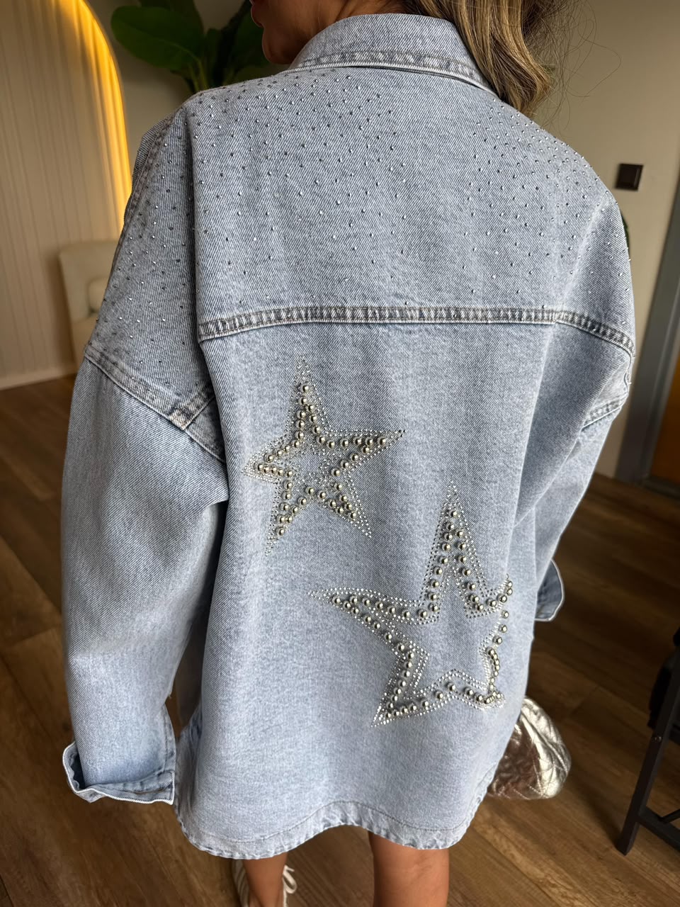 bcf0de41-614a-45d8-bb25-d85308660748 Light Wash Denim Jacket With Star Studs - Image 1