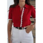 Red Short Sleeve Blouse With Lace Trim - Image 2