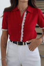 Red Short Sleeve Blouse With Lace Trim - Image 2