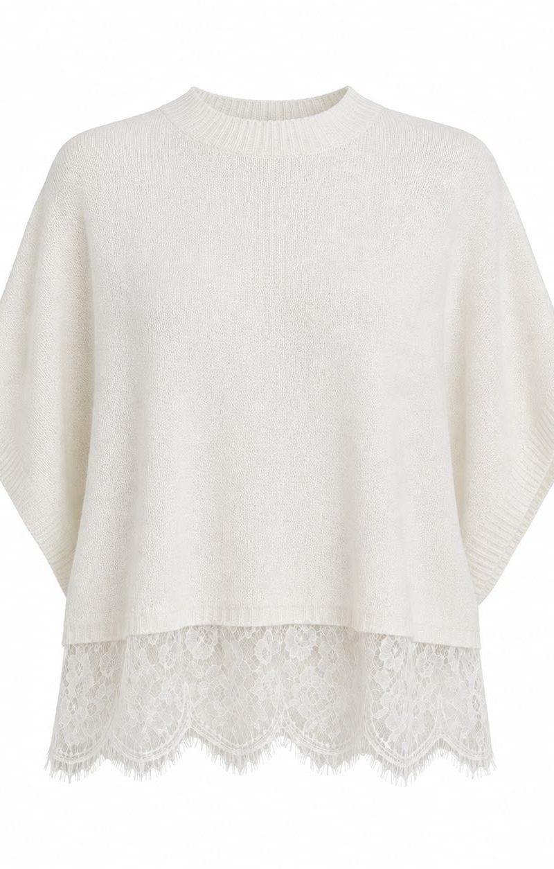 Ivory Knit Poncho With Lace Hem