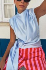 Light Blue Satin Sleeveless Blouse