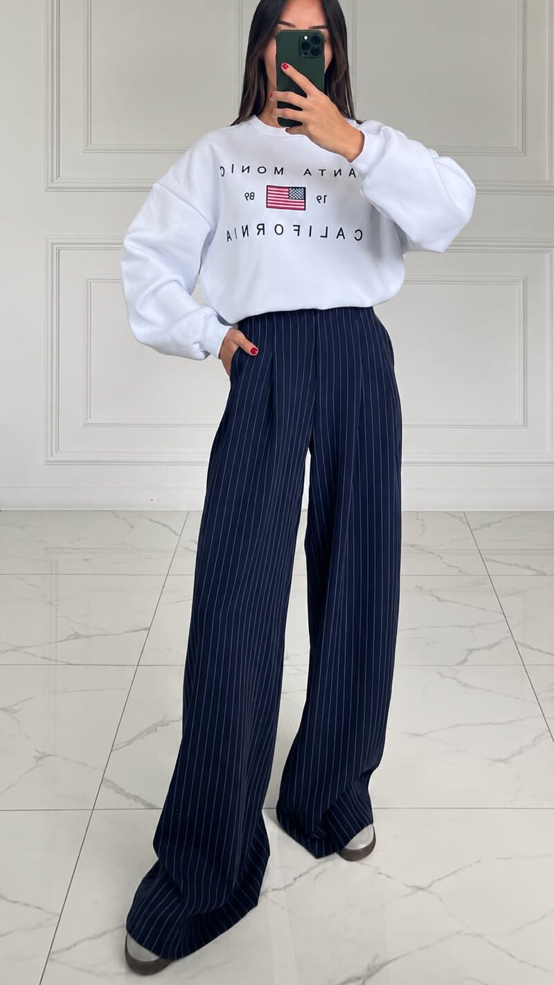 Navy Pinstripe Wide Leg Pants