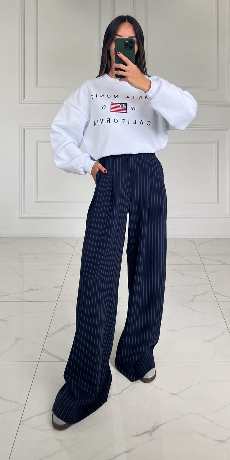 f41bca46-420c-4038-9cdd-52a051b96e47 Navy Pinstripe Wide Leg Pants - Image 1