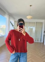 Red Knit Sweater Long Sleeve Pullover