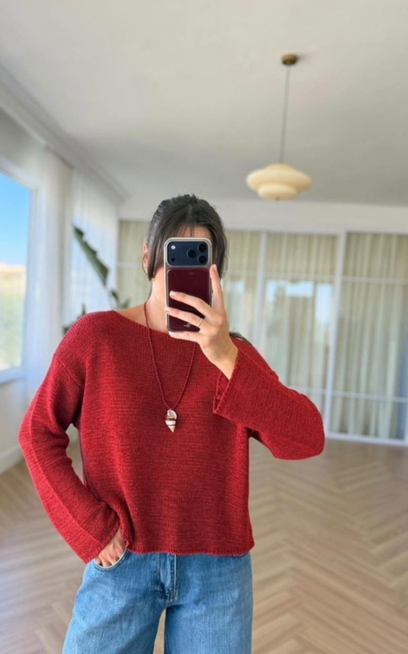 Red Knit Sweater Long Sleeve Pullover