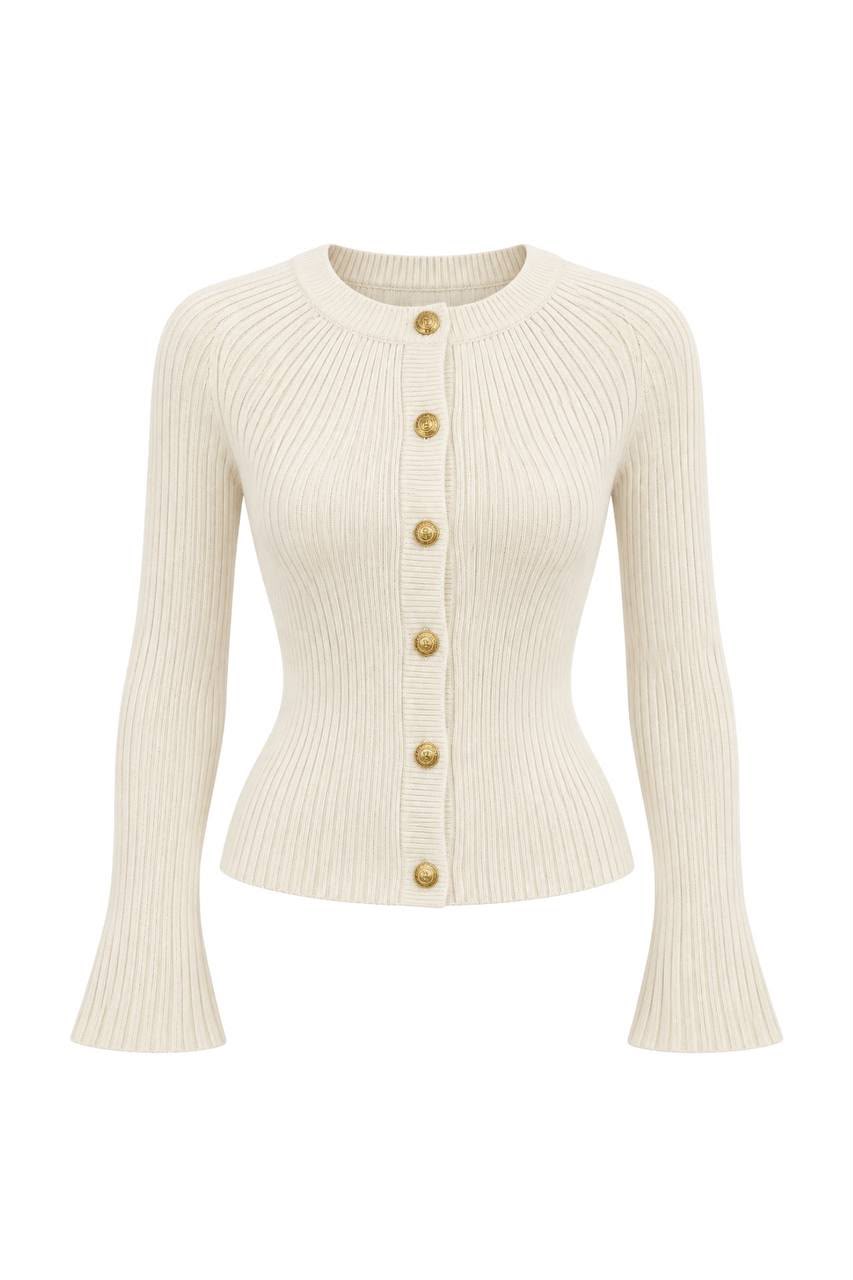 01358dc9-7da0-4f6f-9070-bca110caf6e7 Cream Ribbed Knit Button Cardigan - Image 1