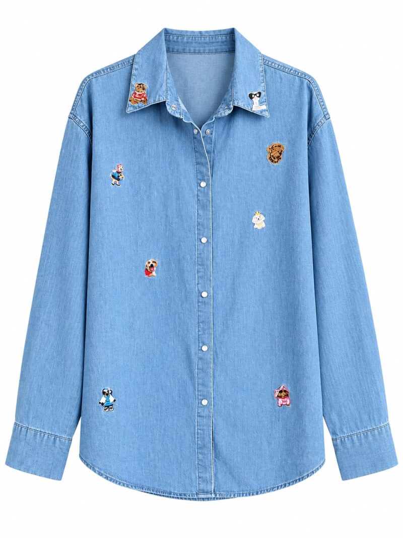 Light Blue Denim Shirt With Dog Patches