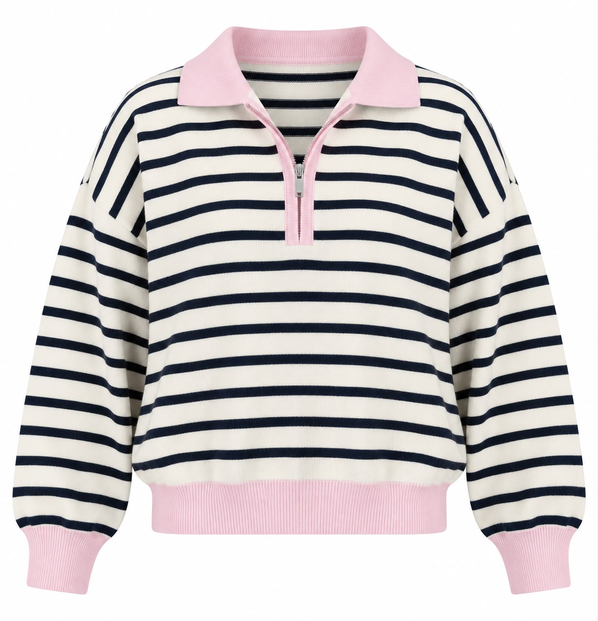 086119d4-d7fe-4233-a9d2-4d93fb6903bb Striped Quarter Zip Knit Pullover With Pink Collar - Image 1