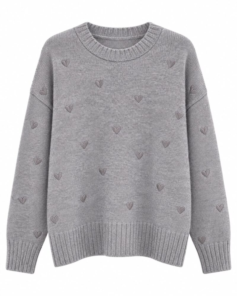 Gray Heart Pattern Knit Sweater